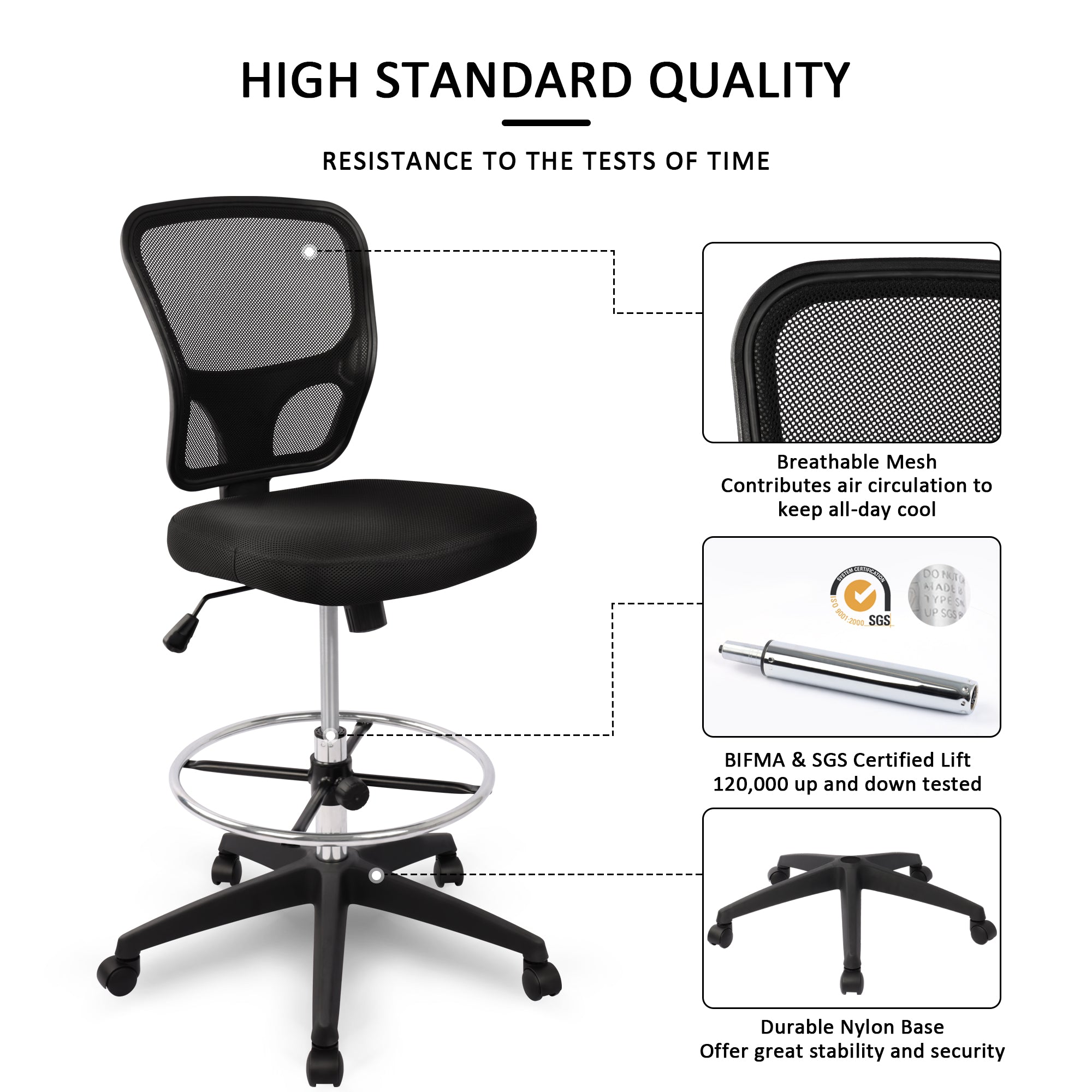 Mesh Drafting Chair Mid Back Office Chair Adjustable Height W